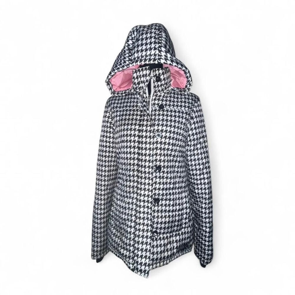 Vintage Y2K 2000 Socal Women's Black and White Houndstooth Hooded Jacket SZ S